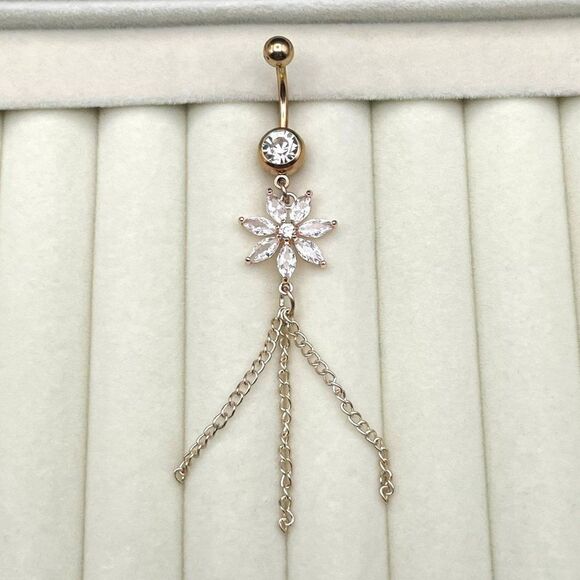 316L Stainless Steel with White Diamond Cubic Zirconia Flower 14G Belly Ring - Picture 2 of 10